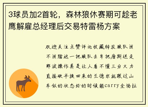 3球员加2首轮，森林狼休赛期可趁老鹰解雇总经理后交易特雷杨方案