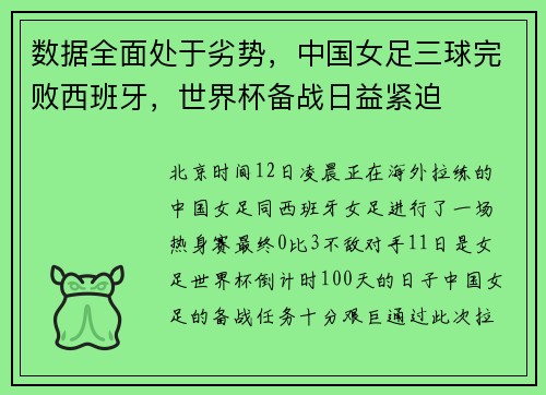 数据全面处于劣势，中国女足三球完败西班牙，世界杯备战日益紧迫