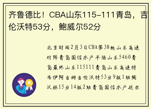 齐鲁德比！CBA山东115-111青岛，吉伦沃特53分，鲍威尔52分